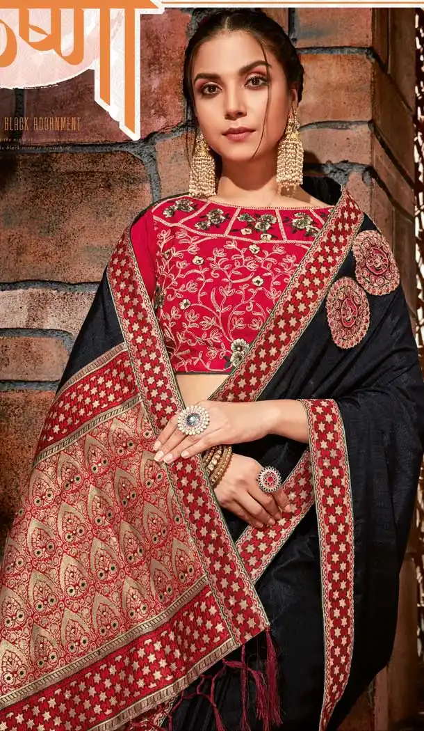 Black Color Satin Silk Designer Traditional Party Wear Saree -076117786
