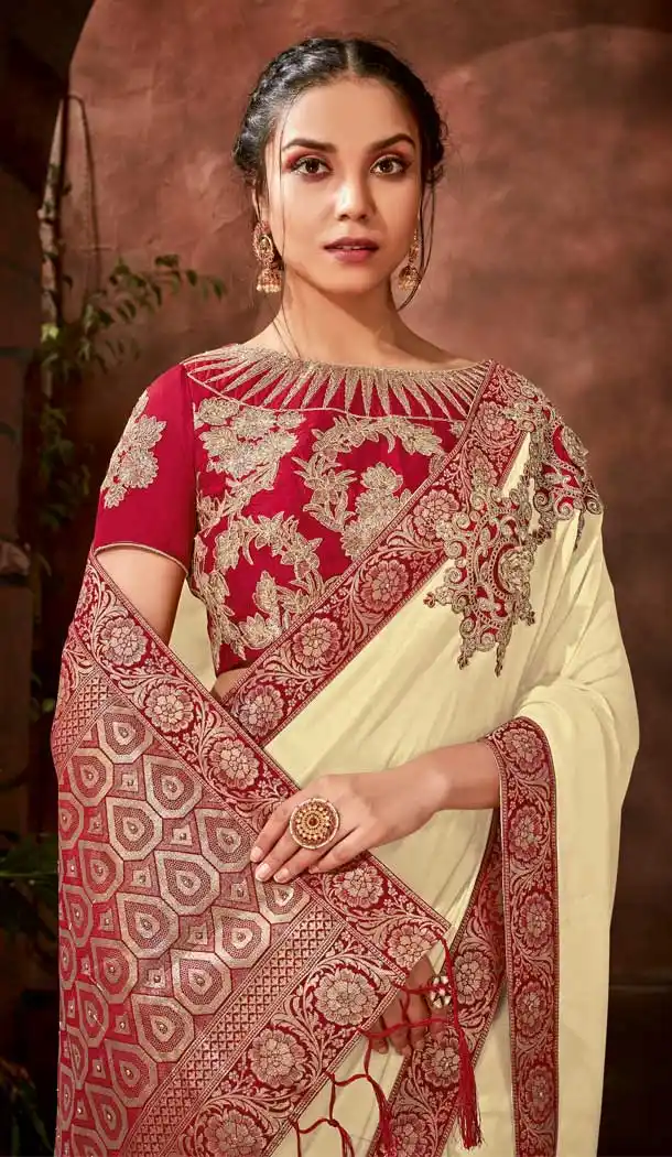 Majesty Cream Color Satin Silk Designer Traditional Party Wear Saree -076117793