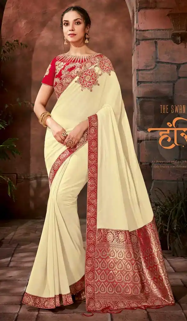 Majesty Cream Color Satin Silk Designer Traditional Party Wear Saree -076117793
