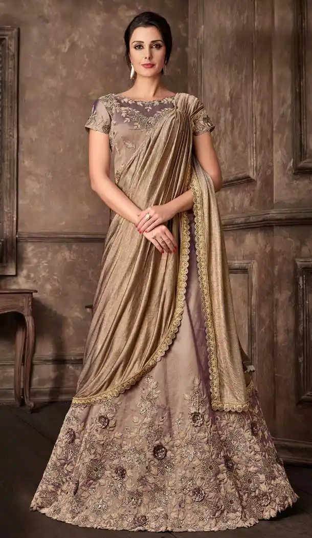 Beige Color Fancy Fabric Designer One Minute Wear Lehenga Style Saree -077117795