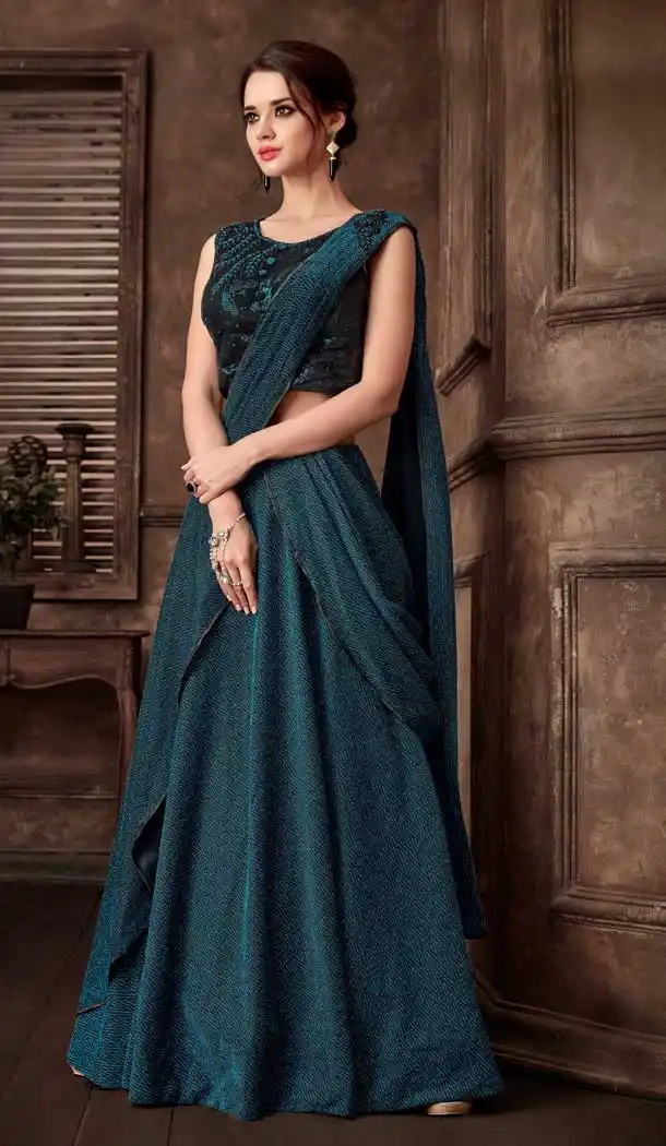 Blue Color Fancy Fabric Designer One Minute Wear Lehenga Style Saree -077117798