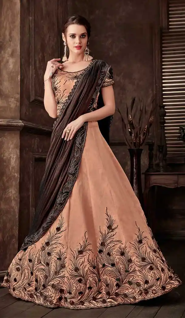 Peach Color Fancy Fabric Designer One Minute Wear Lehenga Style Saree -077117799