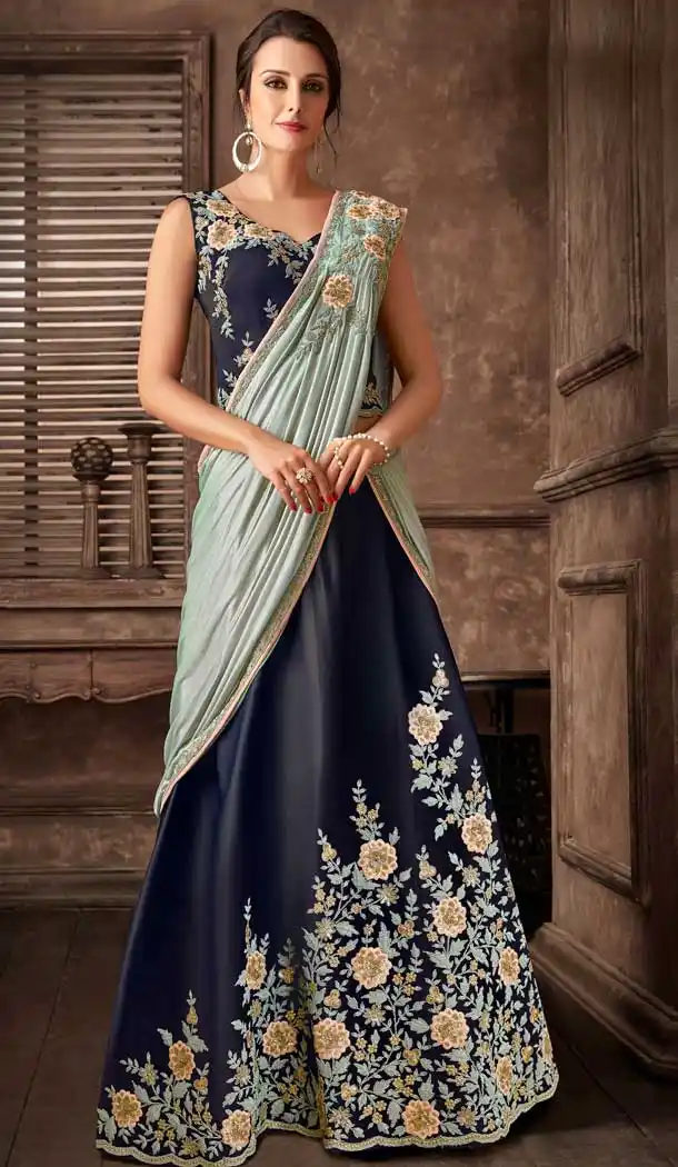 Navy Blue Color Fancy Fabric Designer One Minute Wear Lehenga Style Saree -077117801