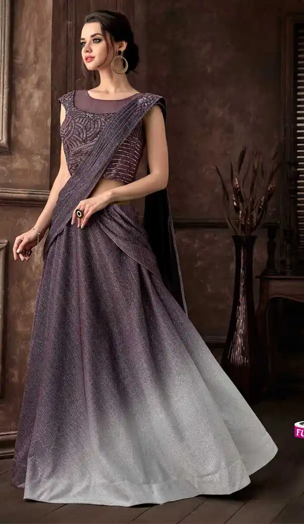 Wine Color Fancy Fabric Designer One Minute Wear Lehenga Style Saree -077117802