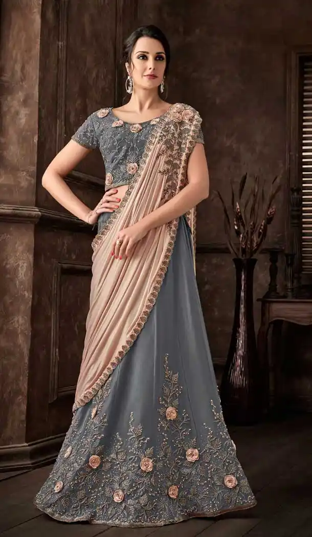 Grey Color Fancy Fabric Designer One Minute Wear Lehenga Style Saree -077117804