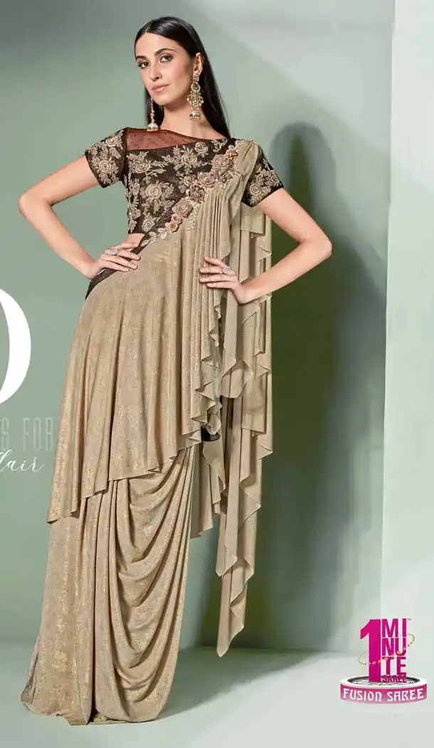 Beige Color Fancy Embroidery Designer One Minute Wear Lehenga Style Saree -078117805