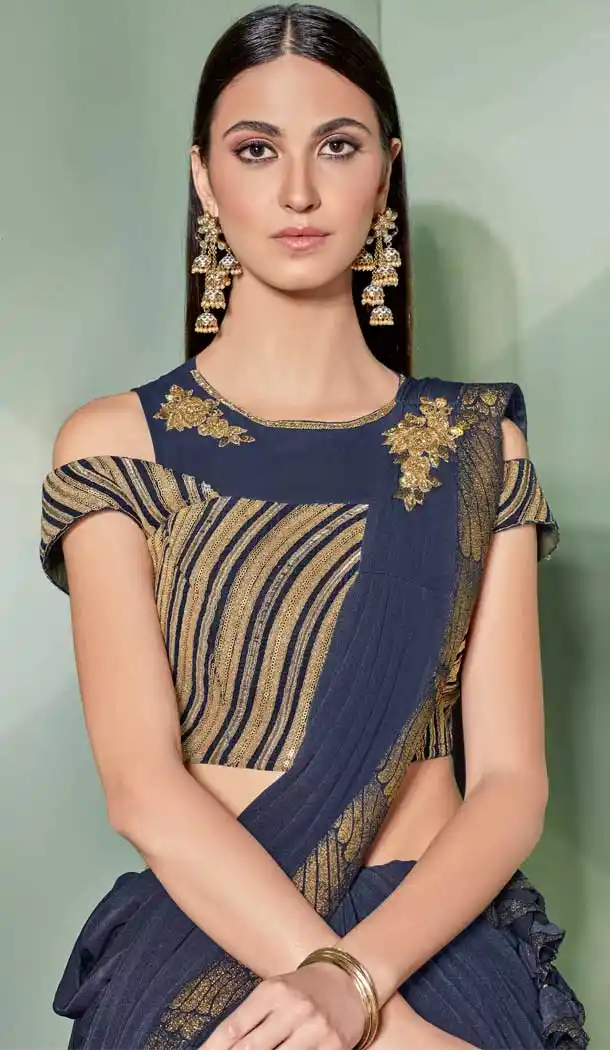Navy Blue Color Fancy Designer One Minute Wear Lehenga Style Saree -078117809