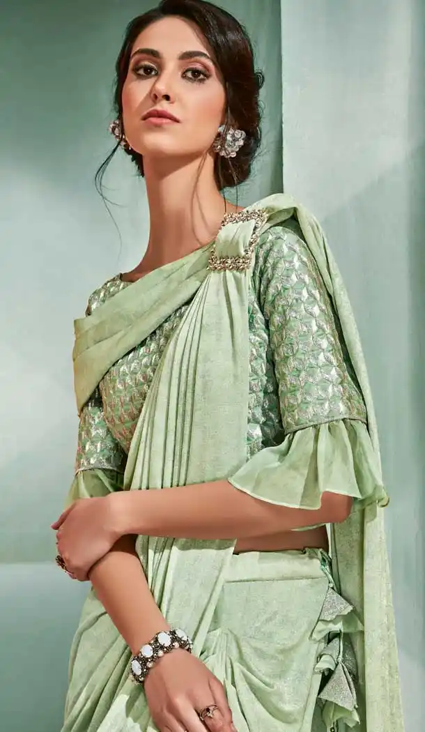 Pista Color Fancy Designer One Minute Wear Lehenga Style Saree -078117812