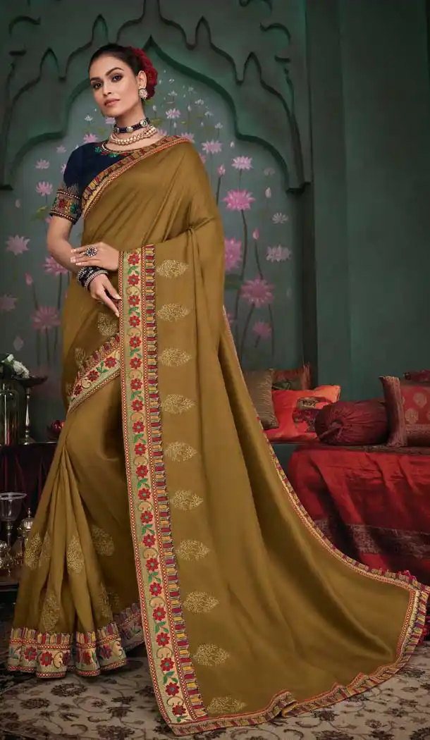 Olive Color Silk Embroidery Designer Party Wear Saree Blouse -089117920