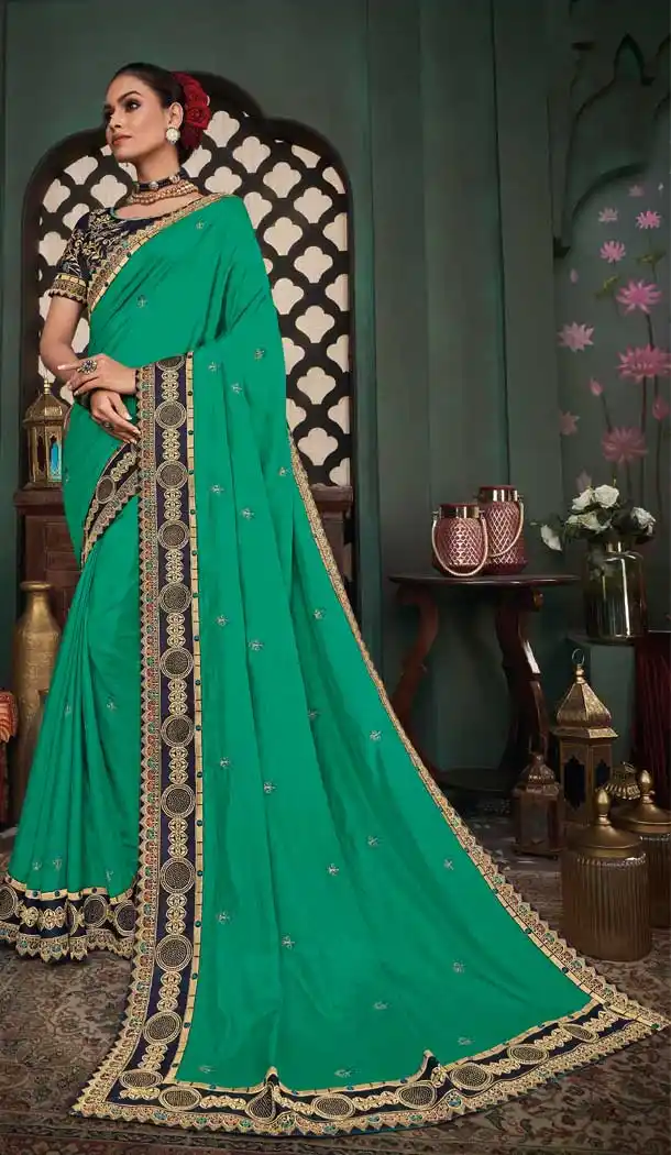 Green Color Silk Embroidery Designer Party Wear Saree Blouse -089117924