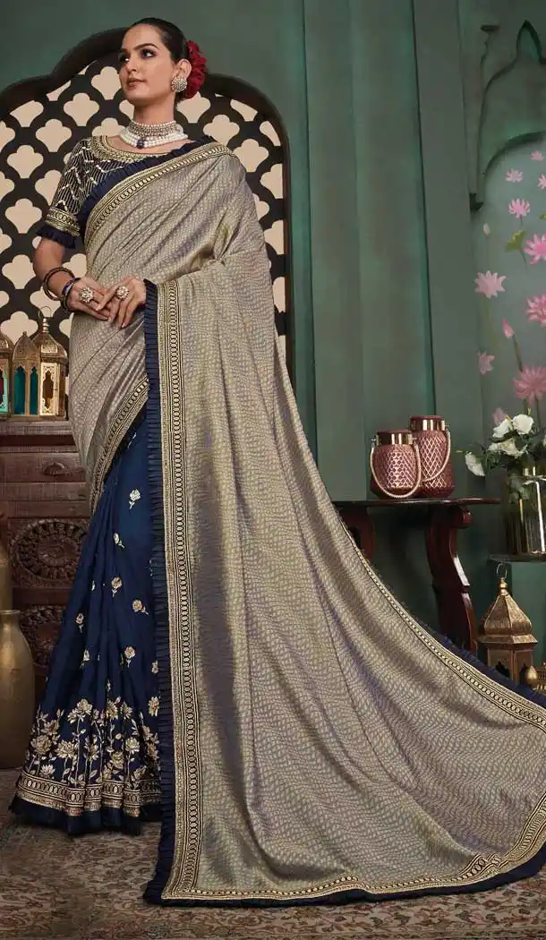 Grey Blue Color Silk Embroidery Designer Party Wear Saree Blouse -089117925