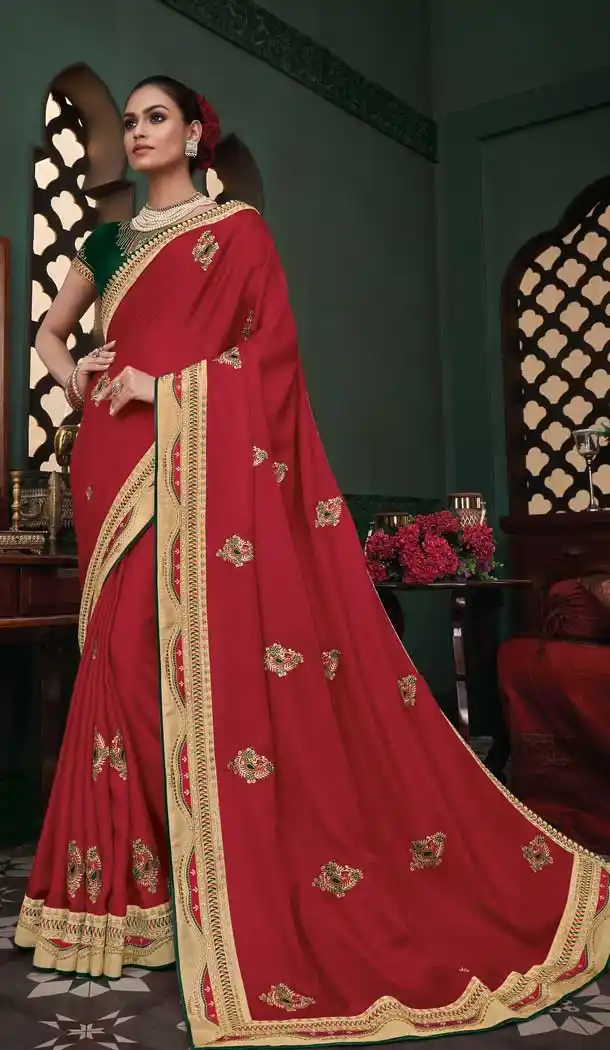 Red Color Silk Embroidery Designer Party Wear Saree Blouse -089117926