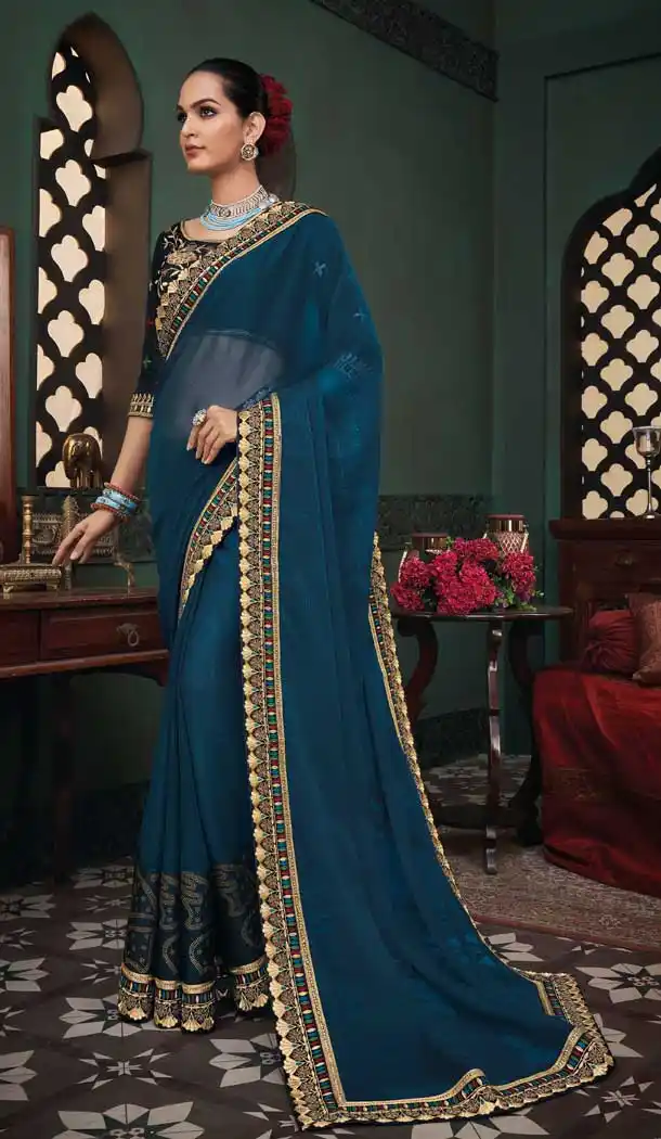 Teal Blue Color Silk Embroidery Designer Party Wear Saree Blouse -089117927