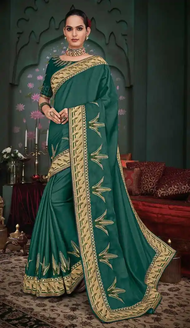 Green Color Silk Embroidery Designer Party Wear Saree Blouse -089117928