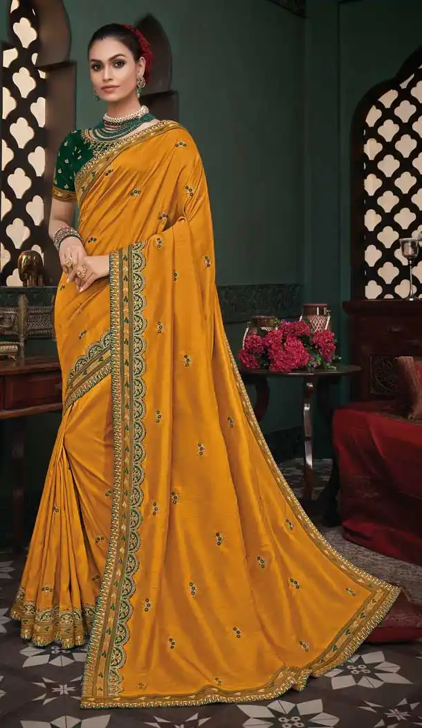 Yellow Color Silk Embroidery Designer Party Wear Saree Blouse -089117929