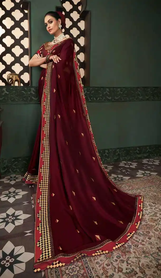 Maroon Color Silk Embroidery Designer Party Wear Saree Blouse -089117931