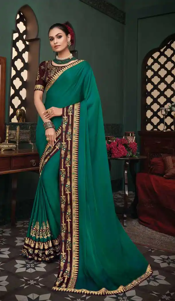 Green Color Silk Embroidery Designer Party Wear Saree Blouse -089117933