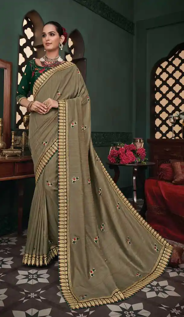 Beige Color Silk Embroidery Designer Party Wear Saree Blouse -089117934