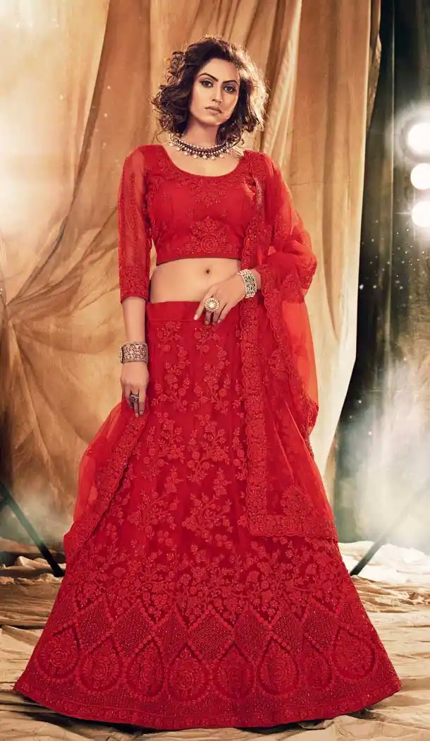 Red Color Heavy Net Embroidery Bridal Wedding Wear Lehenga Choli -093117951