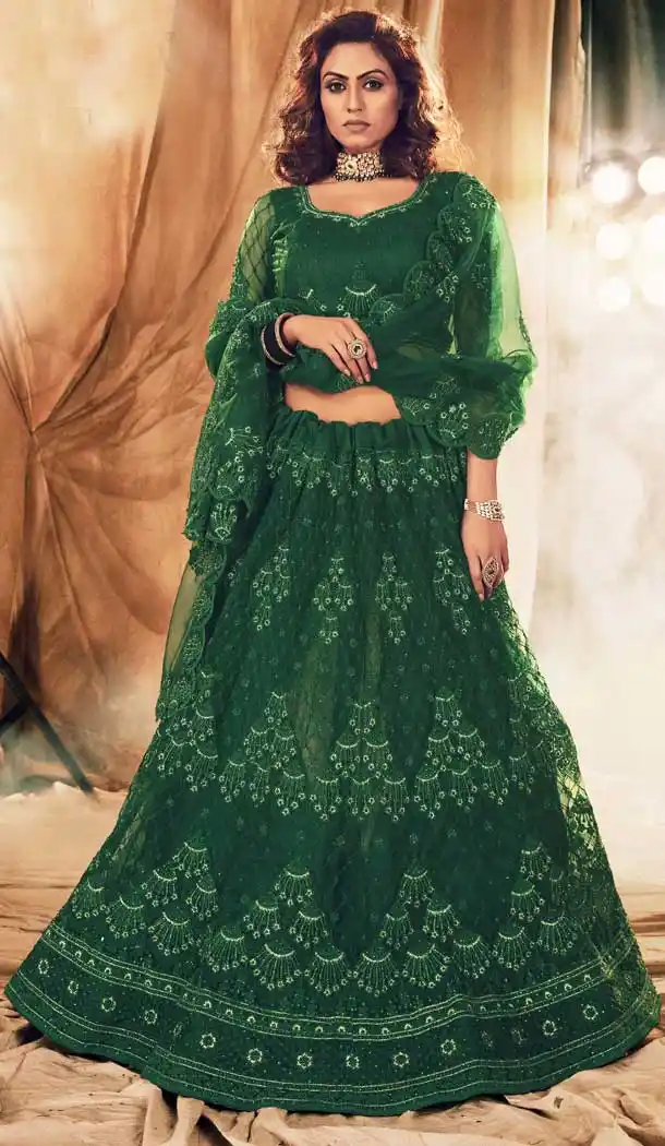 Green Color Heavy Net Embroidery Bridal Wedding Wear Lehenga Choli -093117953