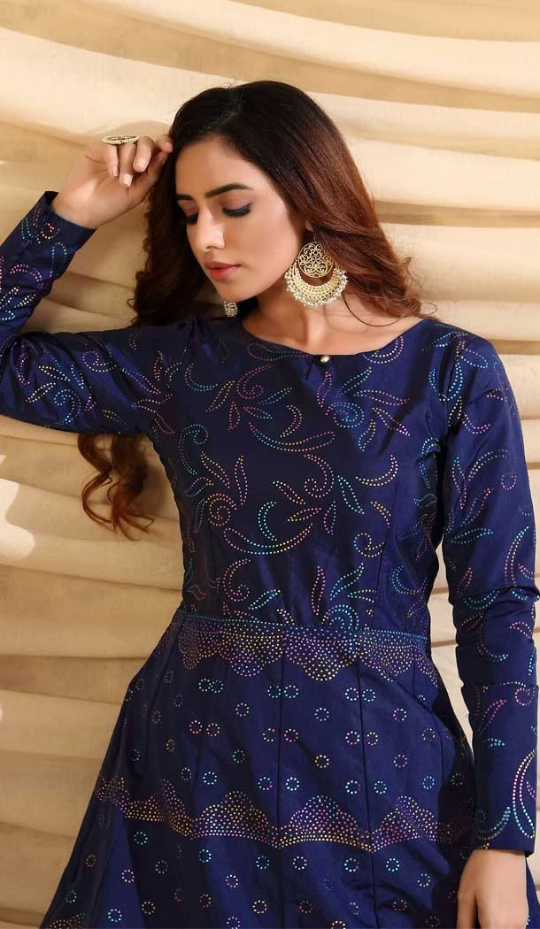 Navy Blue Color Tafetta Silk Designer Party Wear Gown -095117968