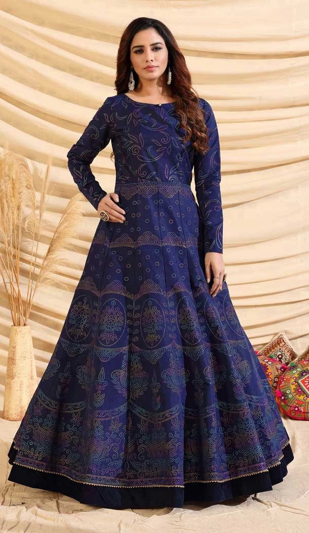Navy Blue Color Tafetta Silk Designer Party Wear Gown -095117968