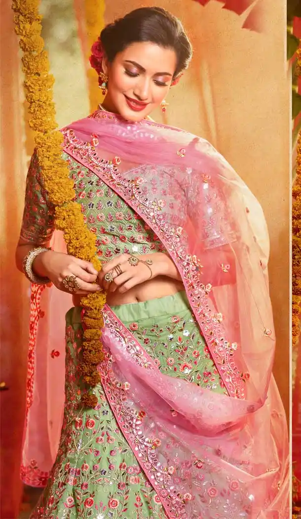 Green Color Pure Organza Heavy Designer Bridal Wedding Wear Lehenga Choli -115118126