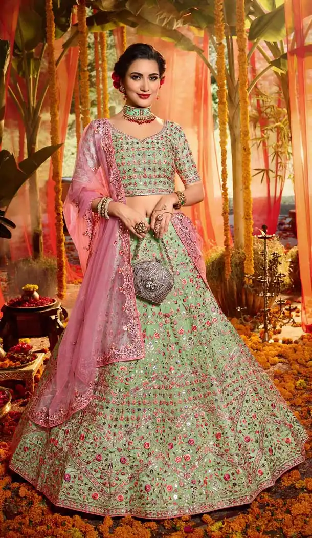 Green Color Pure Organza Heavy Designer Bridal Wedding Wear Lehenga Choli -115118126