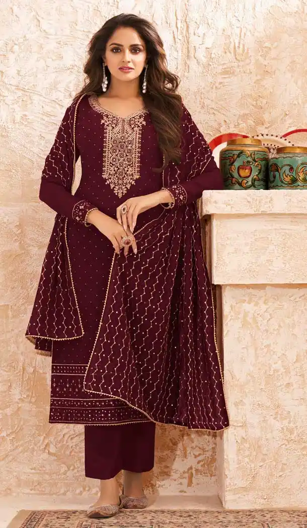 Maroon Color Real Georgette Designer Party Wear Salwar Suit -124118210