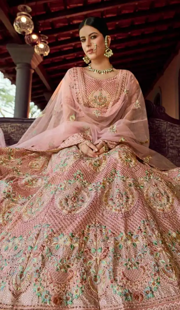Peach Color Georgette Designer Bridal Wedding Wear Lehenga Choli -108118075