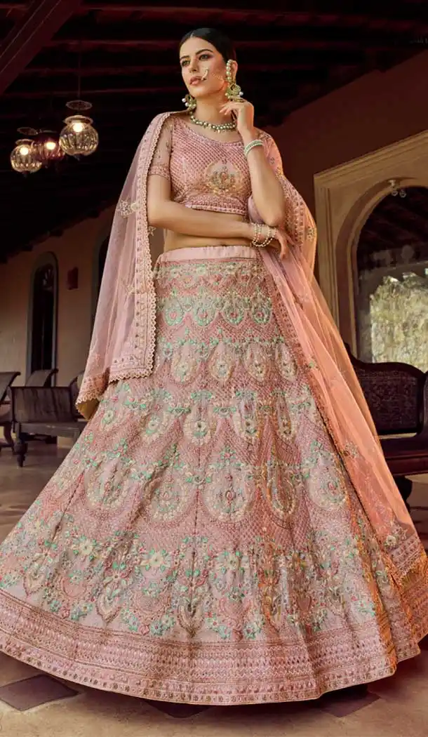 Peach Color Georgette Designer Bridal Wedding Wear Lehenga Choli -108118075