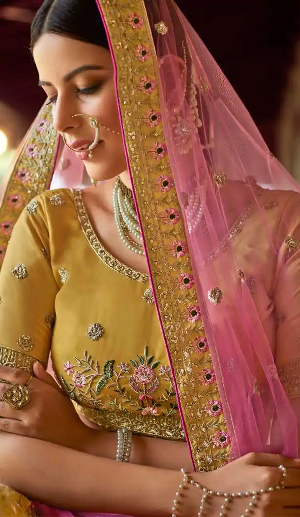 Musterd Color Organza Designer Bridal Wedding Wear Lehenga Choli -108118076