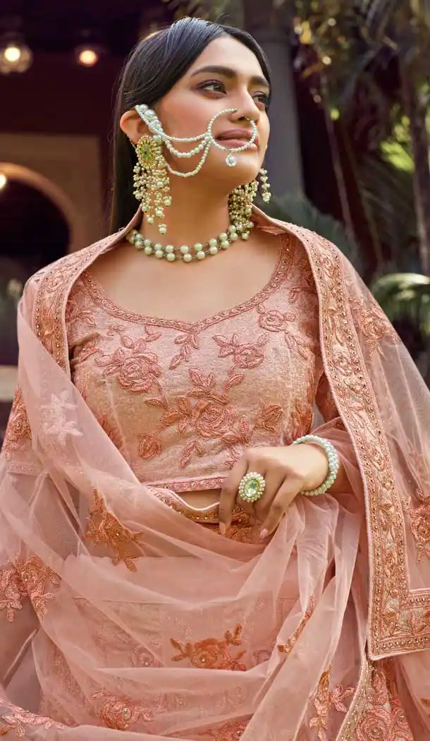 Peach Color Georgette Designer Bridal Wedding Wear Lehenga Choli -108118081