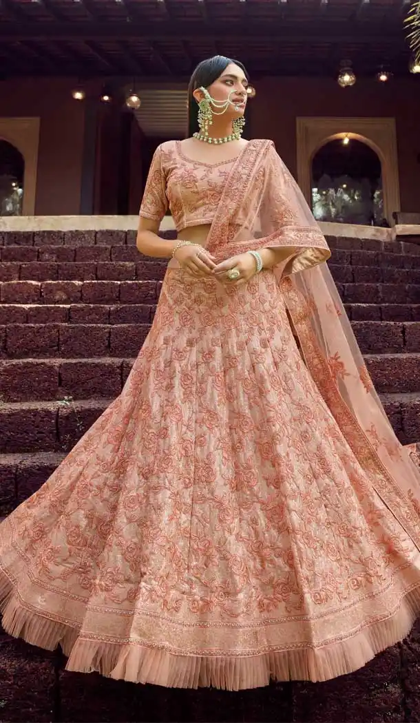 Peach Color Georgette Designer Bridal Wedding Wear Lehenga Choli -108118081