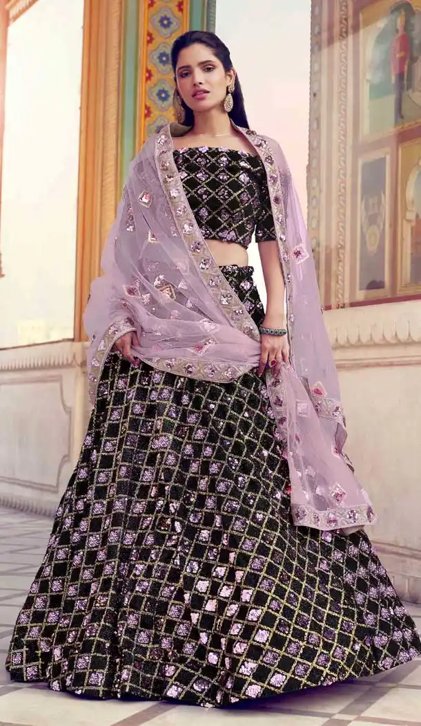 Black Color Fur Imported Fabric Designer Party Wear Lehenga Choli -125118212