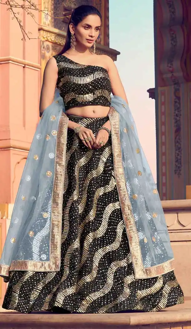 Melodic Black Color Fur Imported Fabric Designer Party Wear Lehenga Choli -125118213