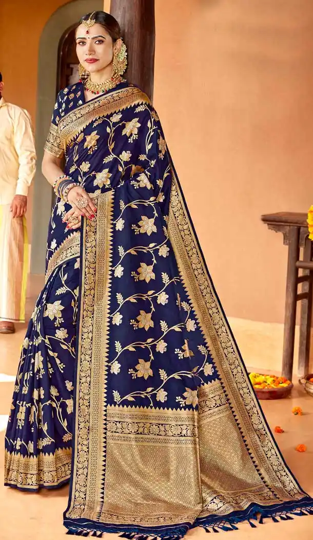 Navy Blue Color Silk Designer Traditional Party Wear Saree Blouse -122118182
