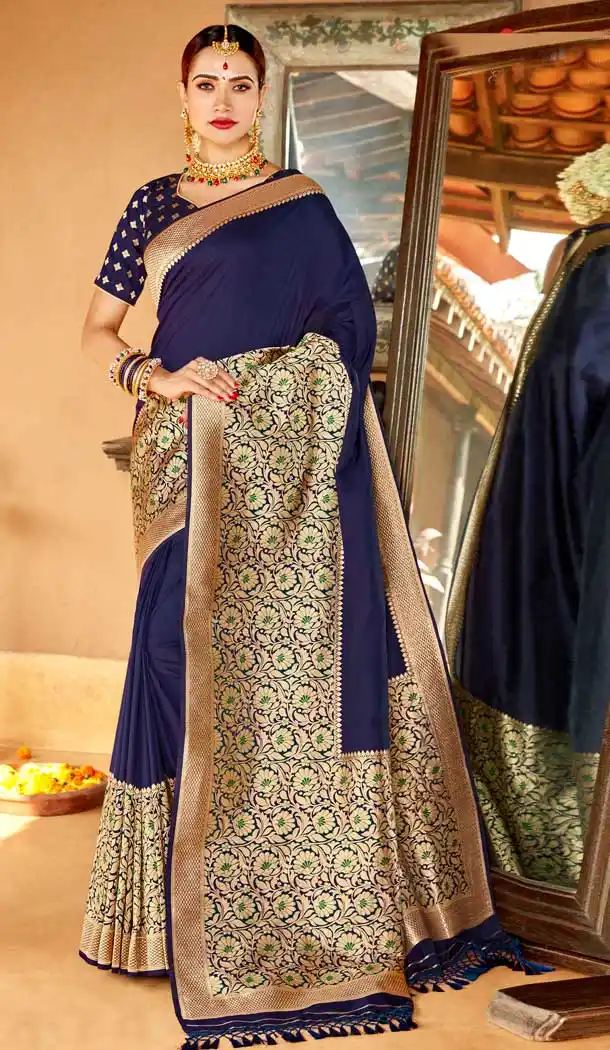 Navy Blue Color Silk Designer Traditional Party Wear Saree Blouse -122118190