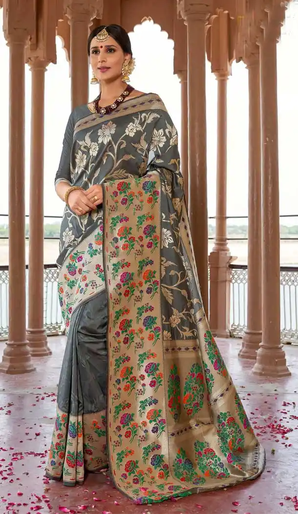 Grey Color Silk Designer Traditional Party Wear Saree Blouse -123118204