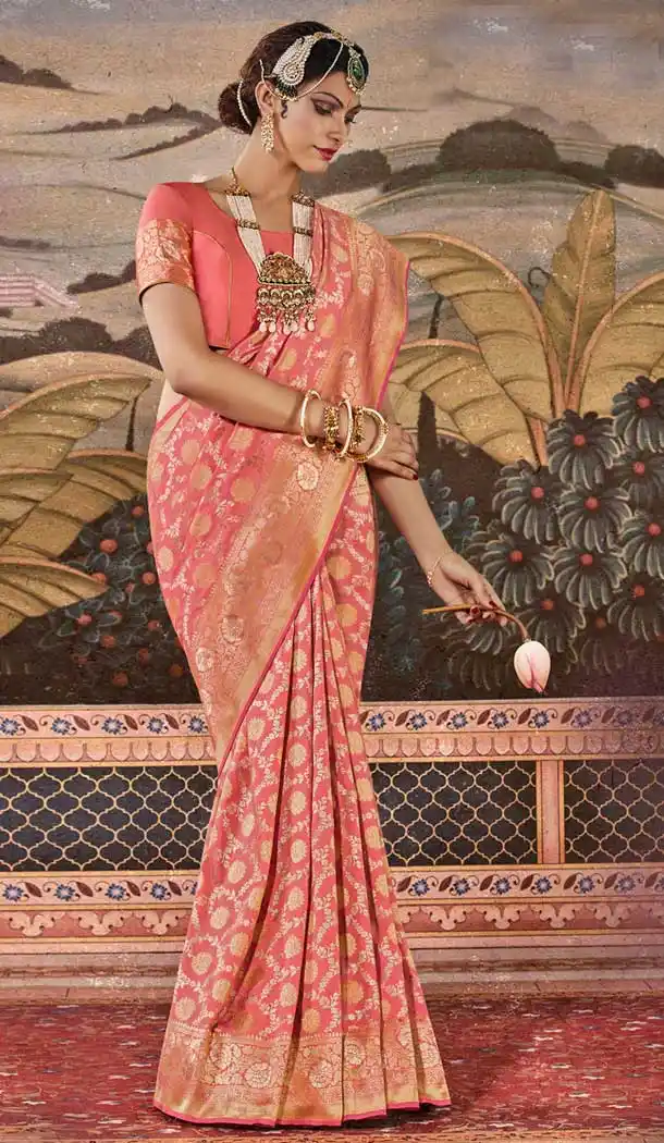 Peach Color Silk Jacquard Work Traditional Party Wear Saree -135118298