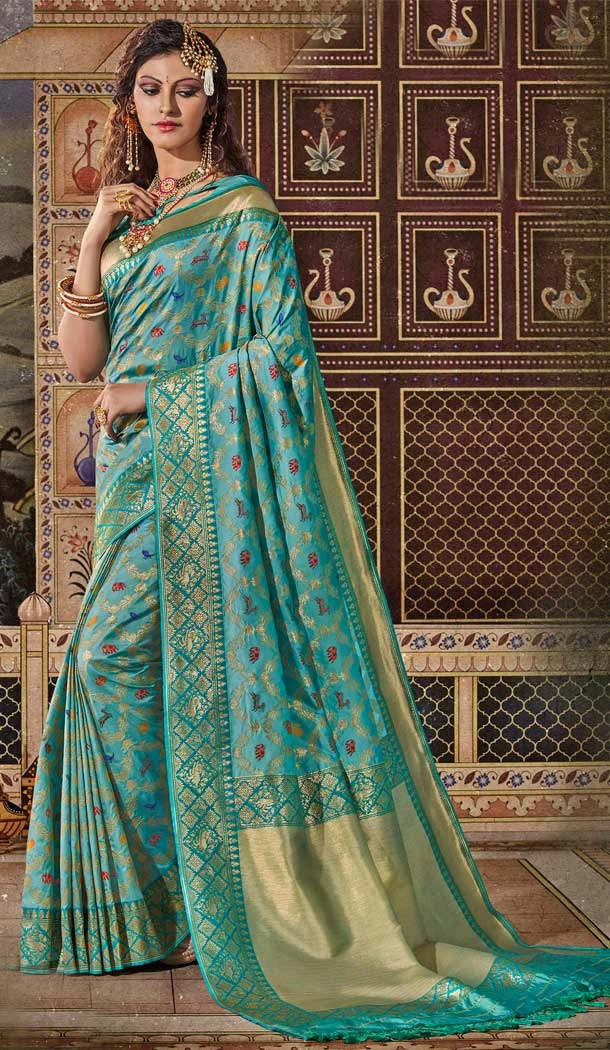 Sky Blue Color Silk Jacquard Work Traditional Party Wear Saree -135118304