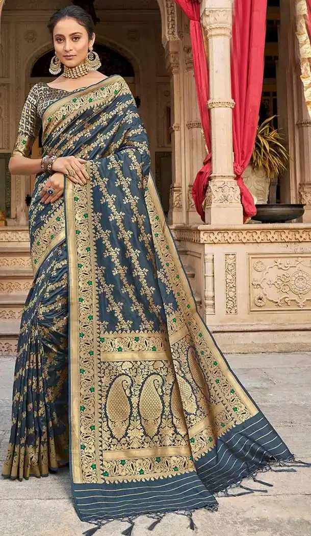 Stone Blue Color Silk Weaving Work Traditional Party Wear Saree -136118306