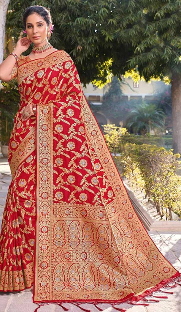 Red Color Silk Weaving Work Traditional Party Wear Saree -136118314