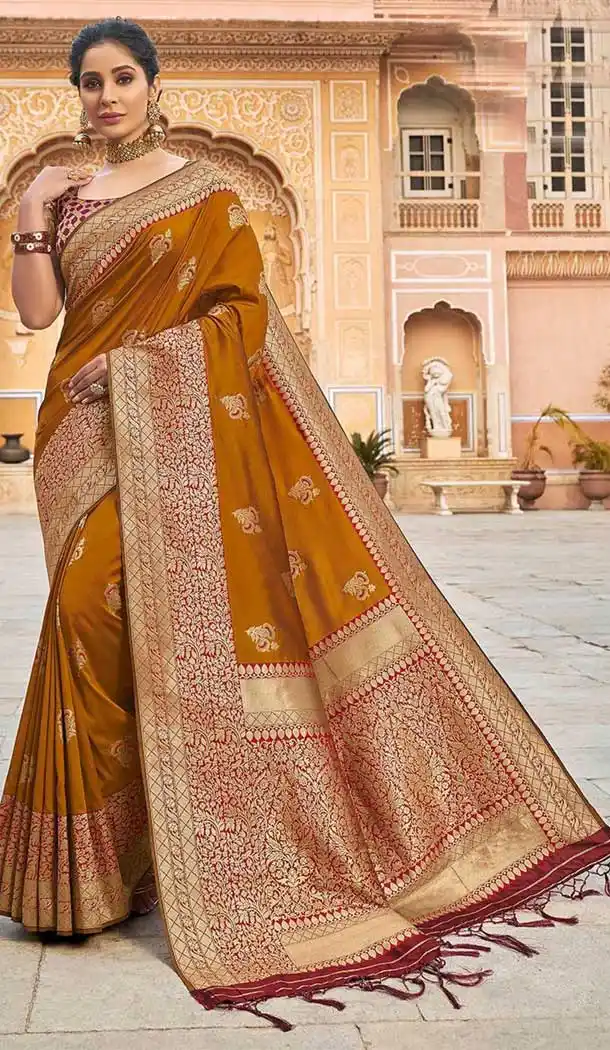 Dark Mustard Color Silk Weaving Work Traditional Party Wear Saree -136118323