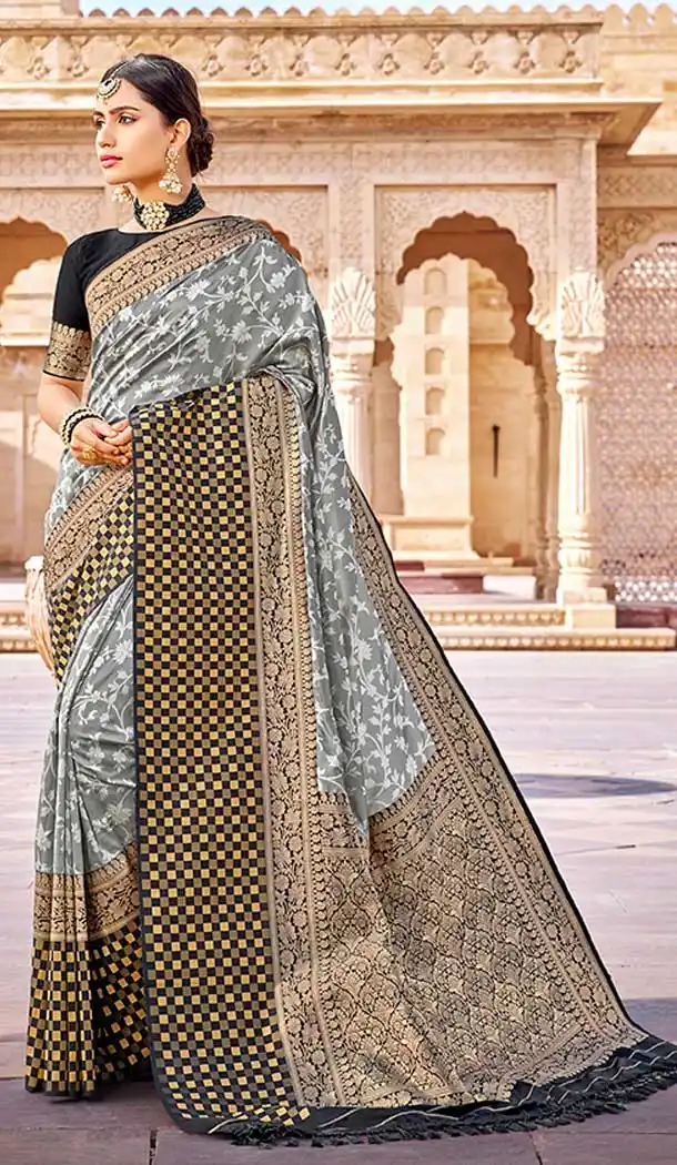 Grey Color Silk Weaving Work Traditional Wear Designer Saree Blouse -137118325