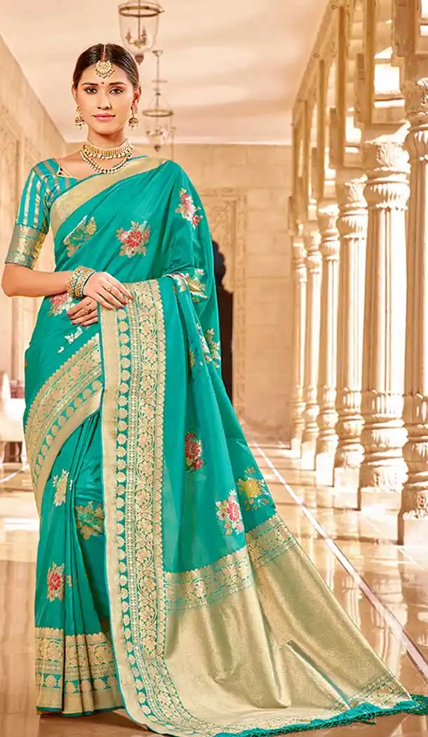 Sea Green Color Silk Weaving Work Traditional Wear Designer Saree Blouse -137118326
