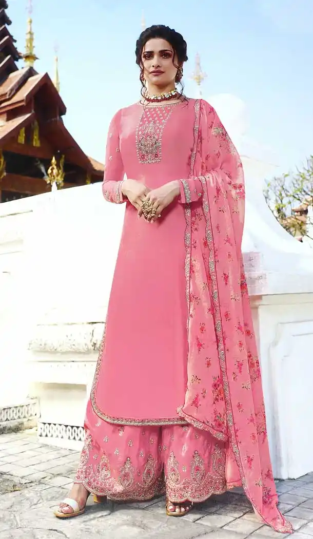 Light Pink Color Muslin Satin Celebrity Prachi Desai Palazzo Suit -228119317