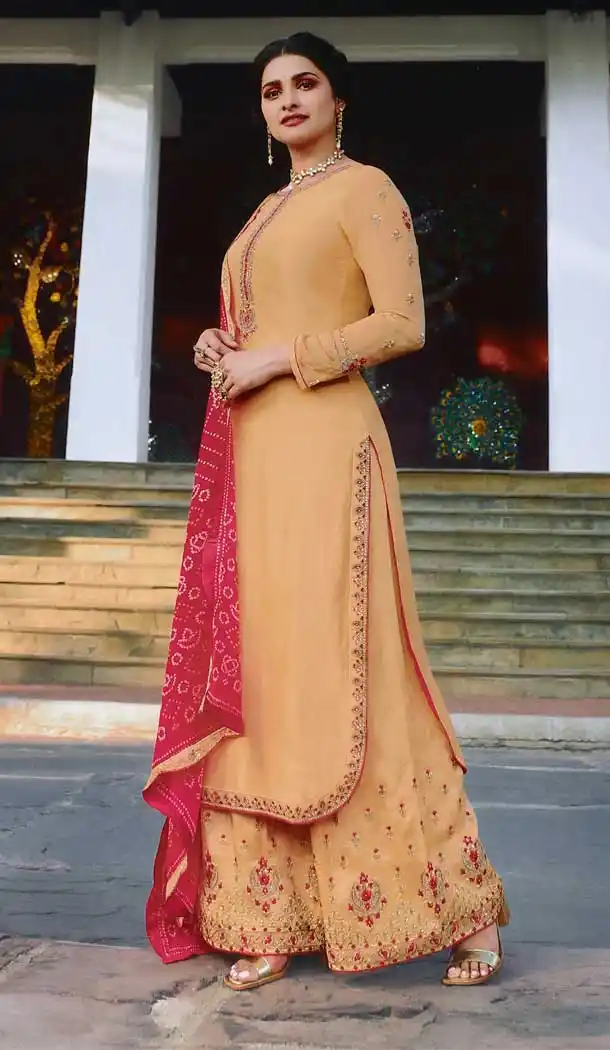 Dark Cream Color Muslin Satin Celebrity Prachi Desai Palazzo Suit -228119318