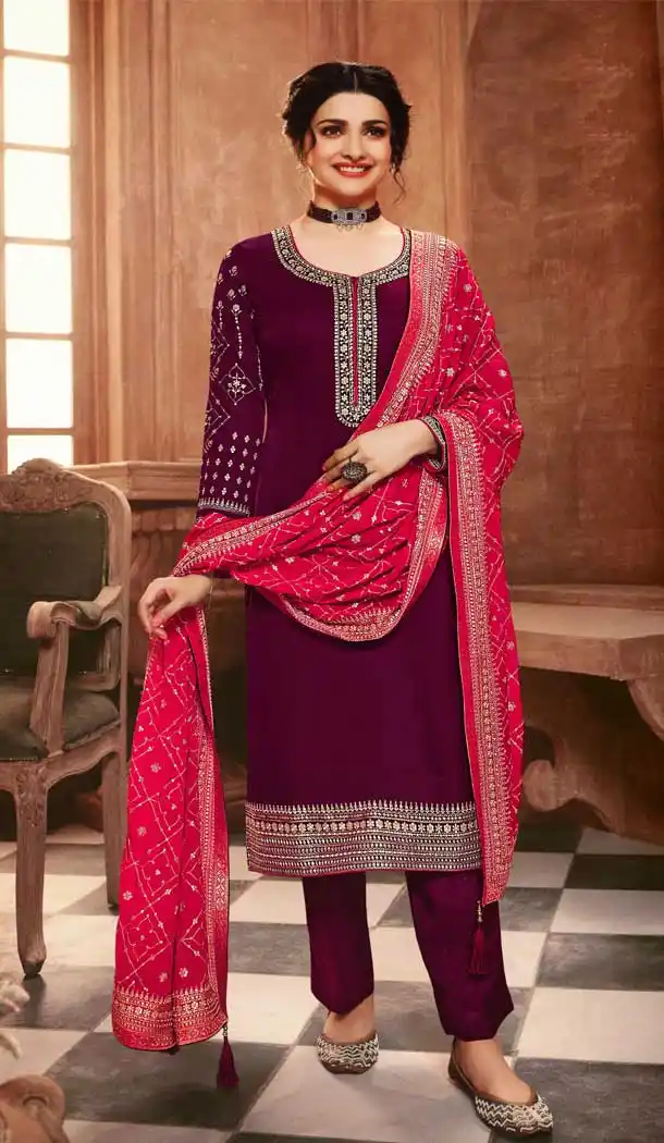 Violet Color Satin Georgette Celebrity Prachi Desai Salwar Kameez -229119325