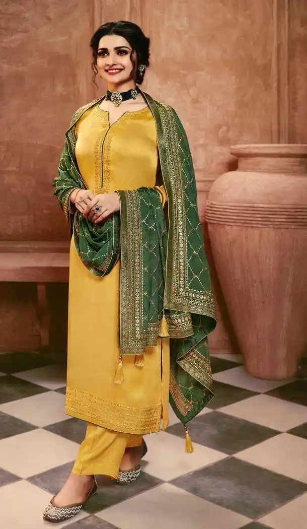 Yellow Color Satin Georgette Celebrity Prachi Desai Salwar Kameez -229119326